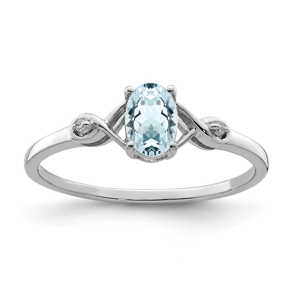 Sterling Silver Rhodium Plated Diamond and Aquamarine Oval Ring - 4
