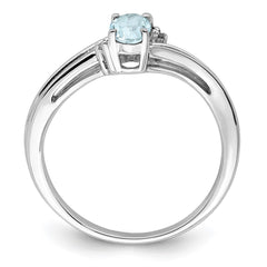 Sterling Silver Rhodium Plated Diamond & Aquamarine Oval Ring - 2