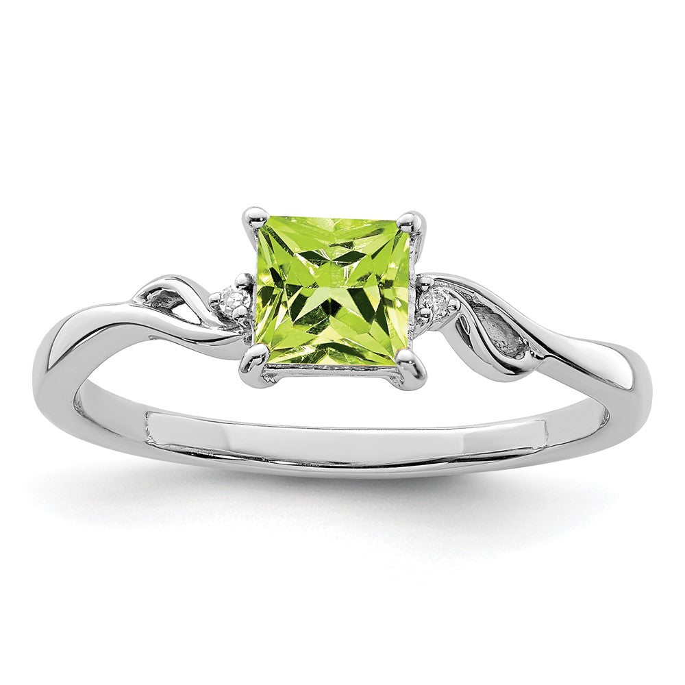 Sterling Silver Rhodium Plated Diamond & Peridot Square Ring - 3