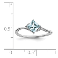 Sterling Silver Rhodium Plated Diamond & Aquamarine Square Ring - 3