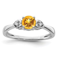 Sterling Silver Rhodium Plated Diamond and Citrine Round Ring - 3