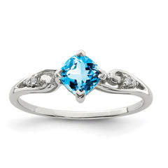Sterling Silver Rhodium Plated Diamond and Sky Blue Topaz Cushion Ring - 3
