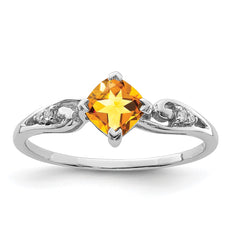 Sterling Silver Rhodium Plated Diamond and Citrine Cushion Ring - 2