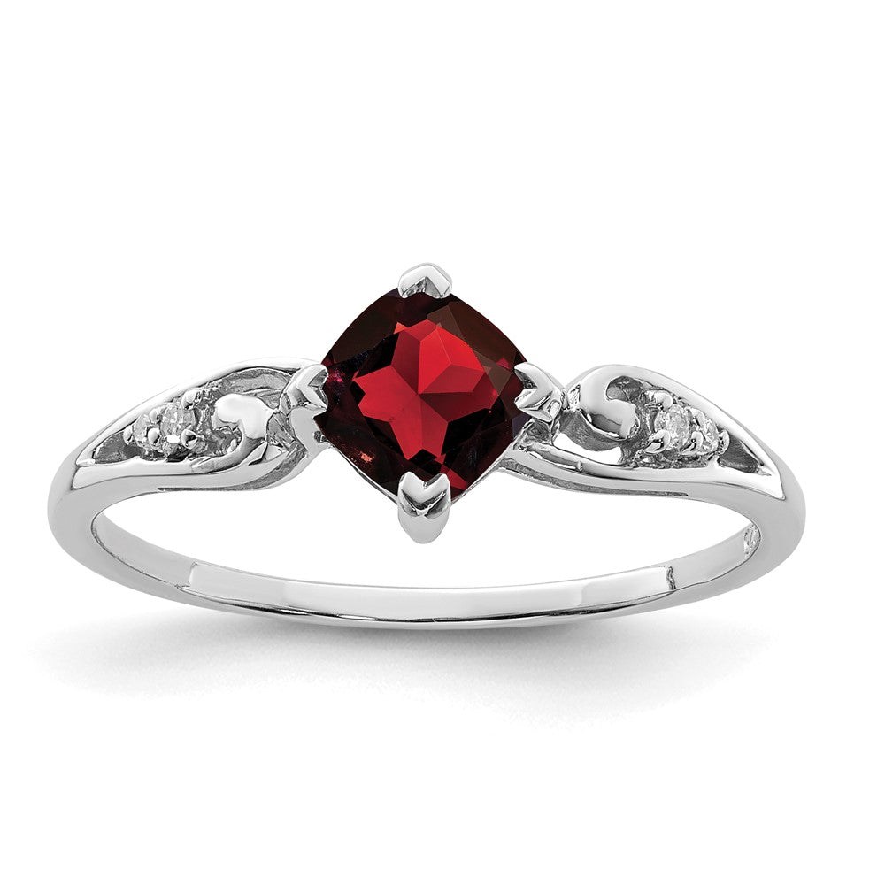 Sterling Silver Rhodium Plated Diamond and Garnet Cushion Ring - 2