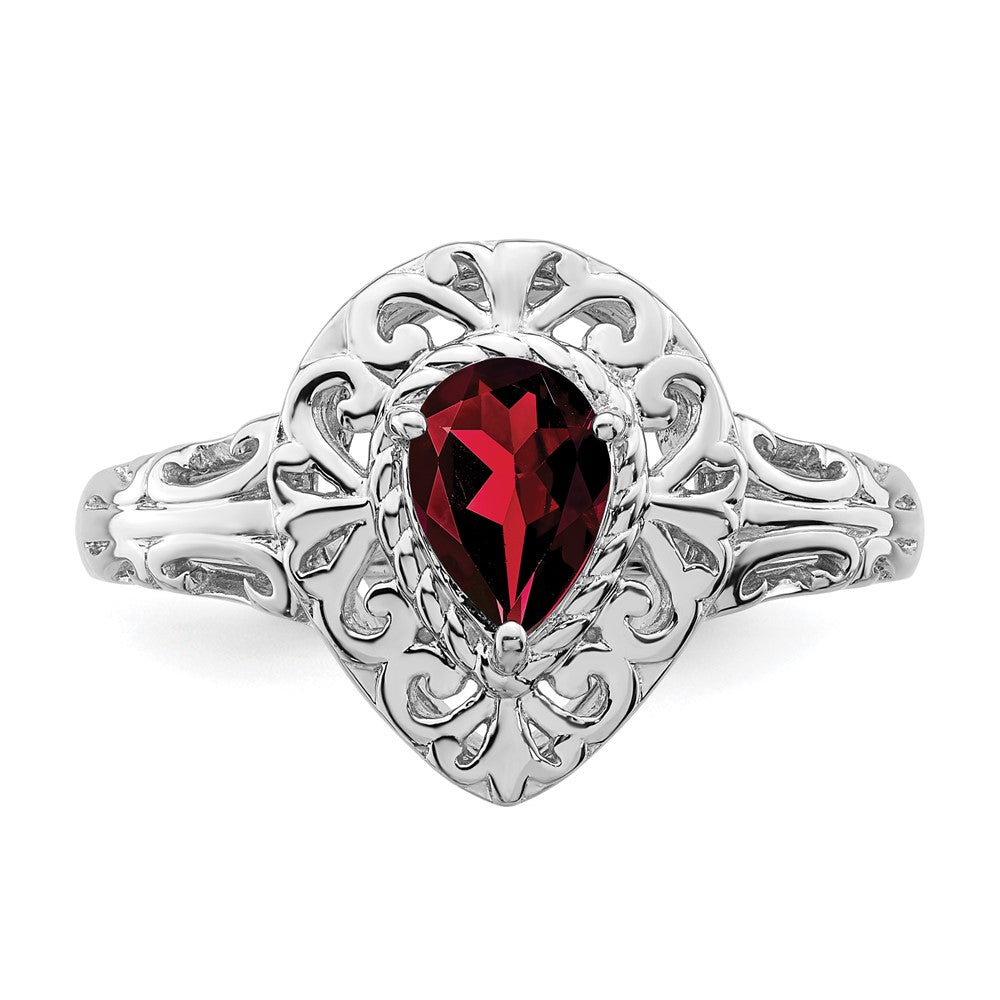 Sterling Silver Rhodium Plated Garnet Teardrop Ring - 4