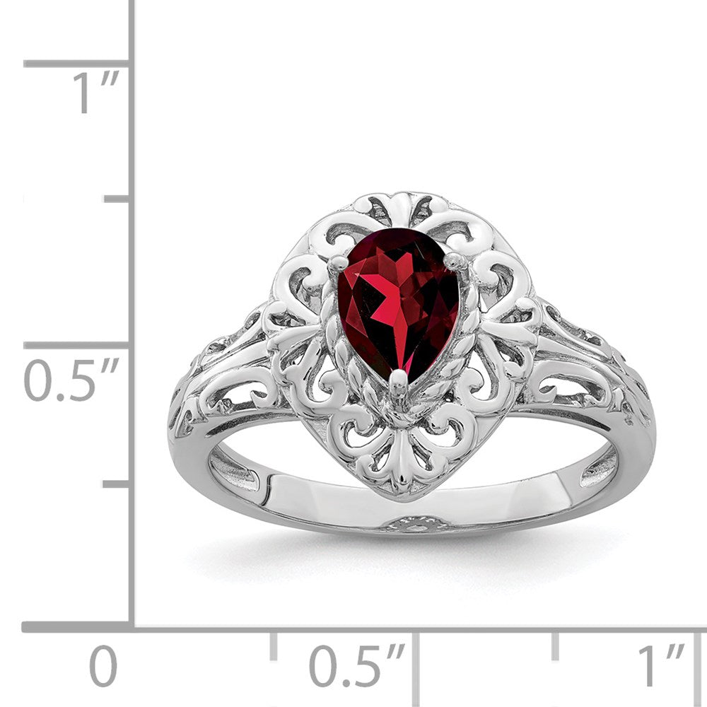 Sterling Silver Rhodium Plated Garnet Teardrop Ring - 4