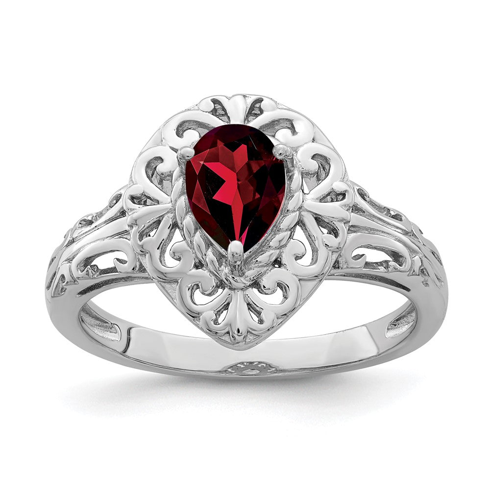 Sterling Silver Rhodium Plated Garnet Teardrop Ring - 4