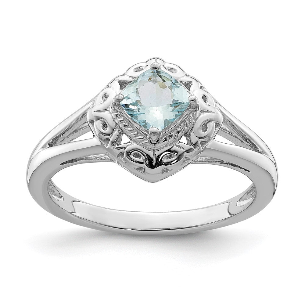Sterling Silver Rhodium Aquamarine Square Ring - 2