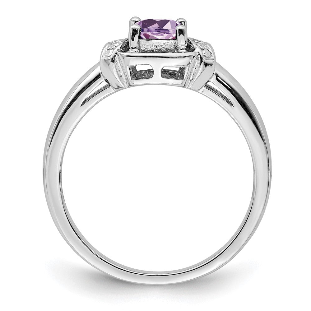 Sterling Silver Rhodium Diam. & Pink Quartz Ring - 9