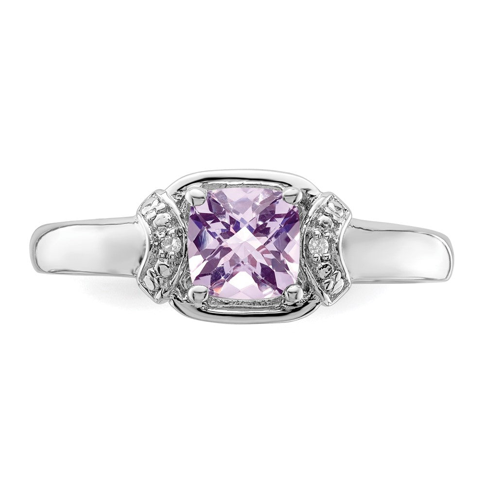 Sterling Silver Rhodium Diam. & Pink Quartz Ring - 9