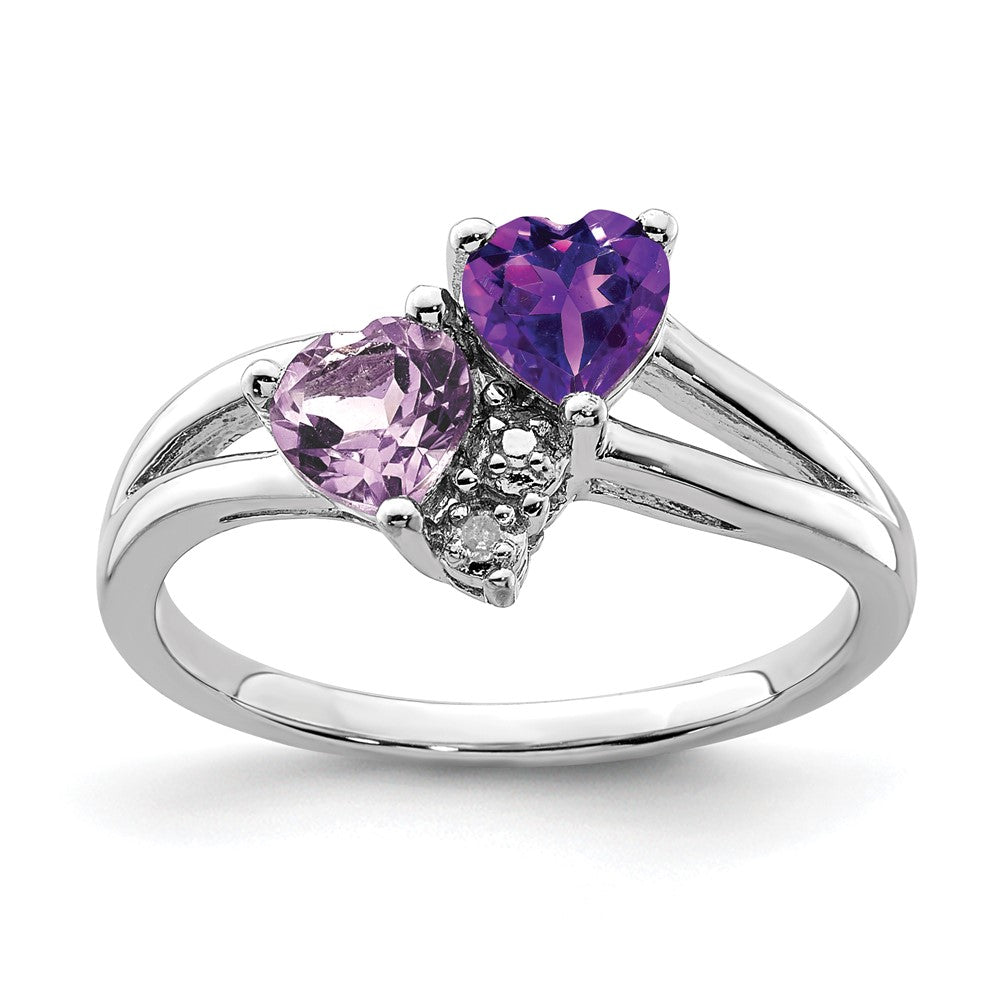Sterling Silver Rhodium-plated Amethyst & Pink Quartz & Diamond Ring - 2