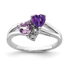 Sterling Silver Rhodium-plated Amethyst & Pink Quartz & Diamond Ring - 2