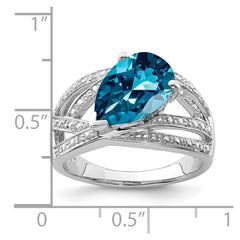 Sterling Silver Rhodium Plated Diamond & London Blue Topaz Ring - 8