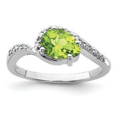 Sterling Silver Rhodium Plated Diamond and Peridot Oval Ring - 7