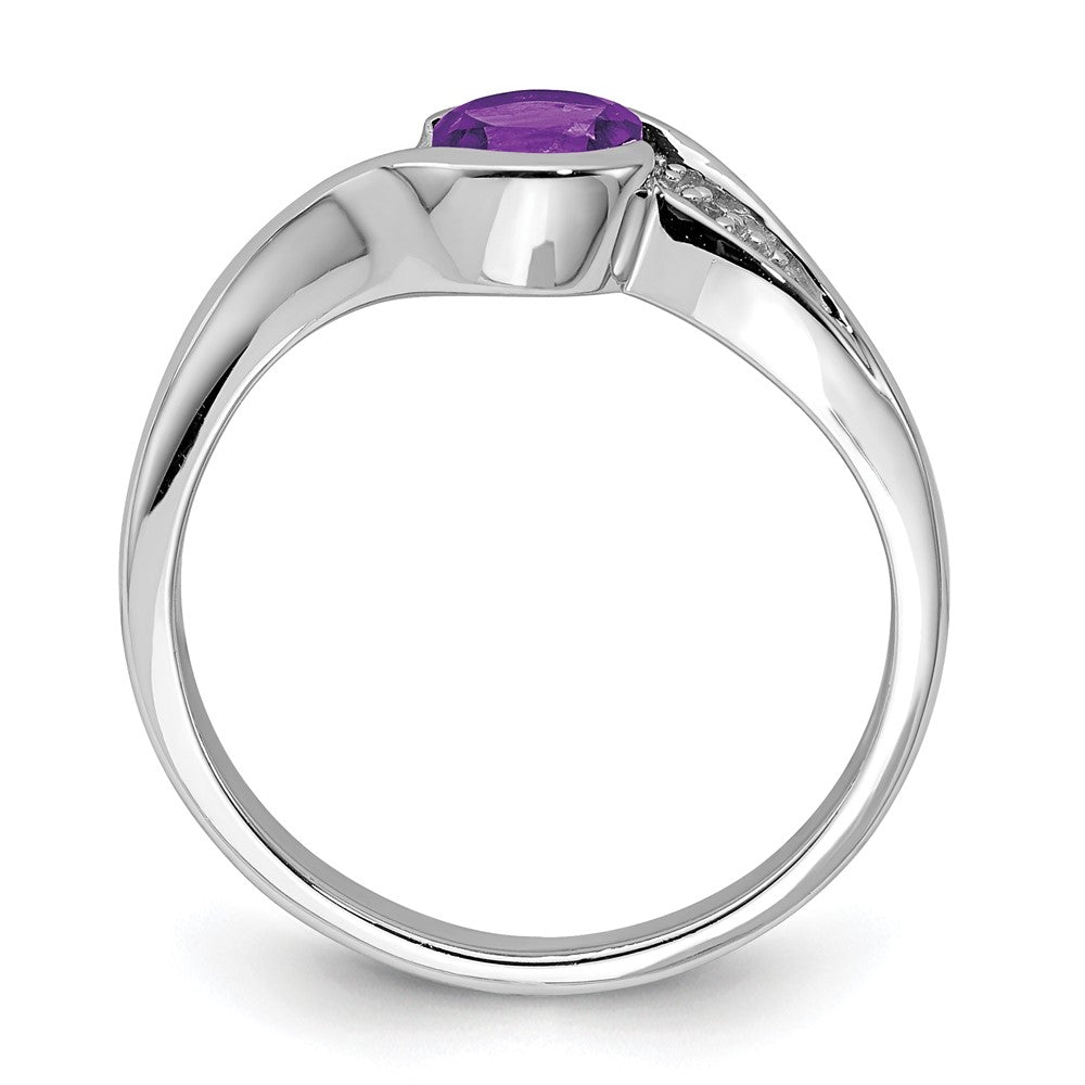 Sterling Silver Rhodium Plated Diamond and Amethyst Round Ring - 8