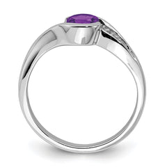 Sterling Silver Rhodium Plated Diamond and Amethyst Round Ring - 8