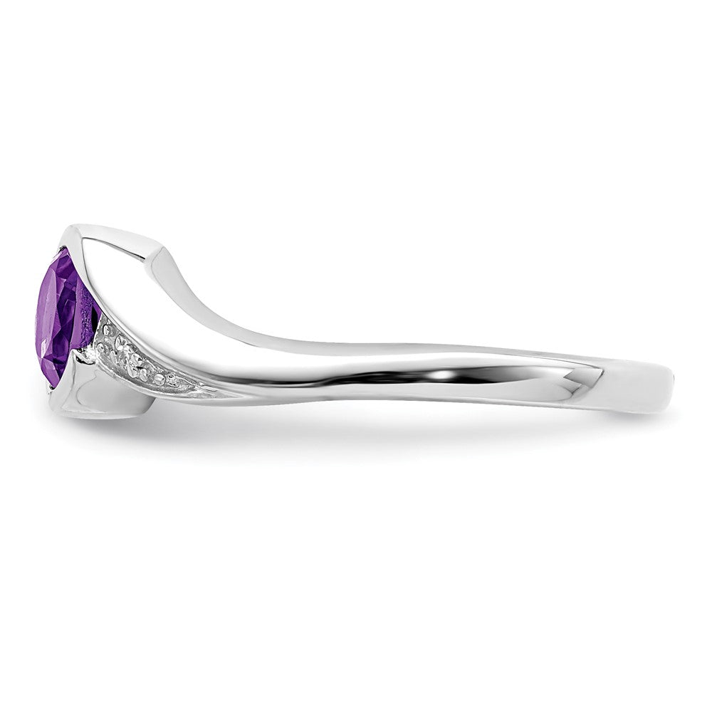 Sterling Silver Rhodium Plated Diamond and Amethyst Round Ring - 7
