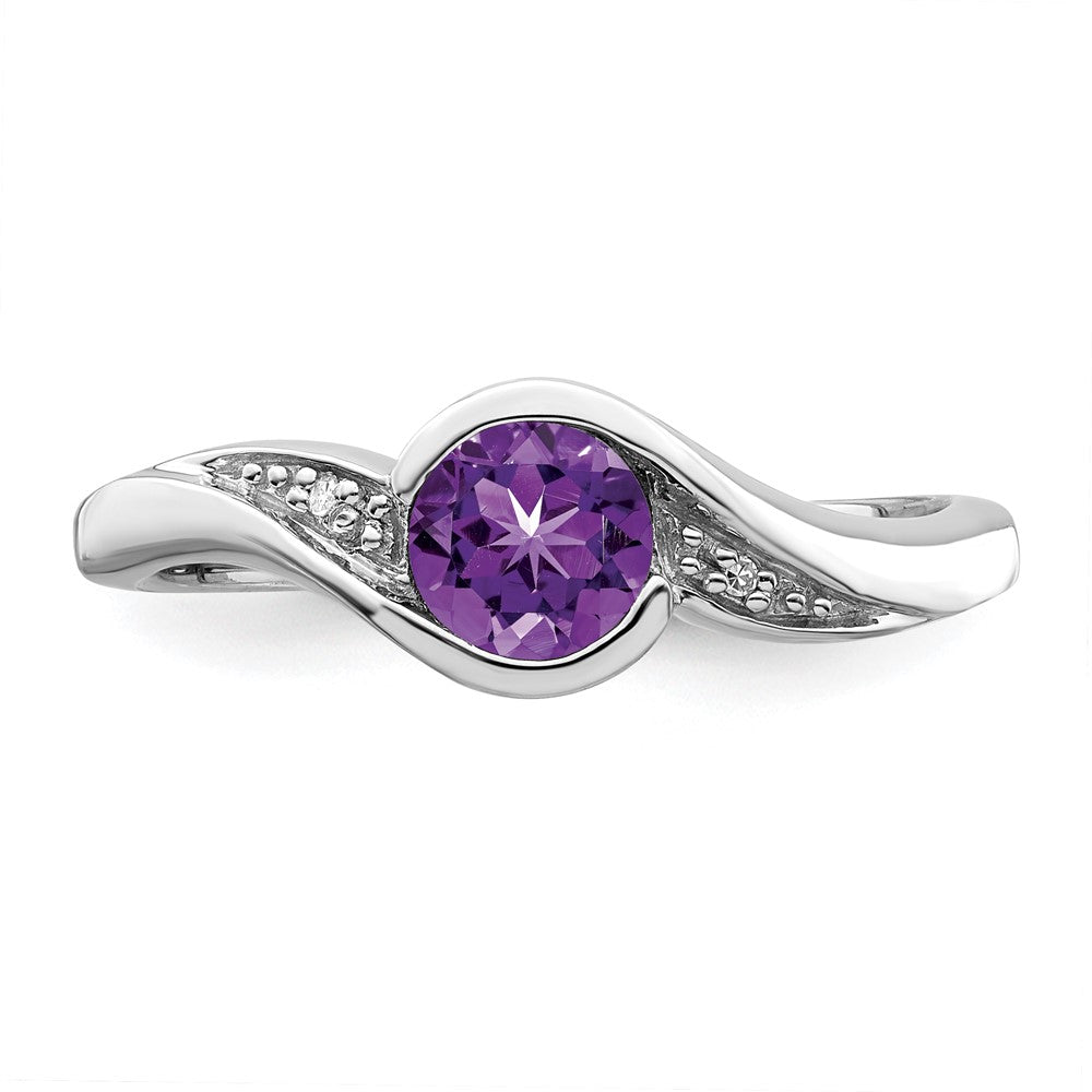 Sterling Silver Rhodium Plated Diamond and Amethyst Round Ring - 7