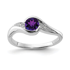 Sterling Silver Rhodium Plated Diamond and Amethyst Round Ring - 8