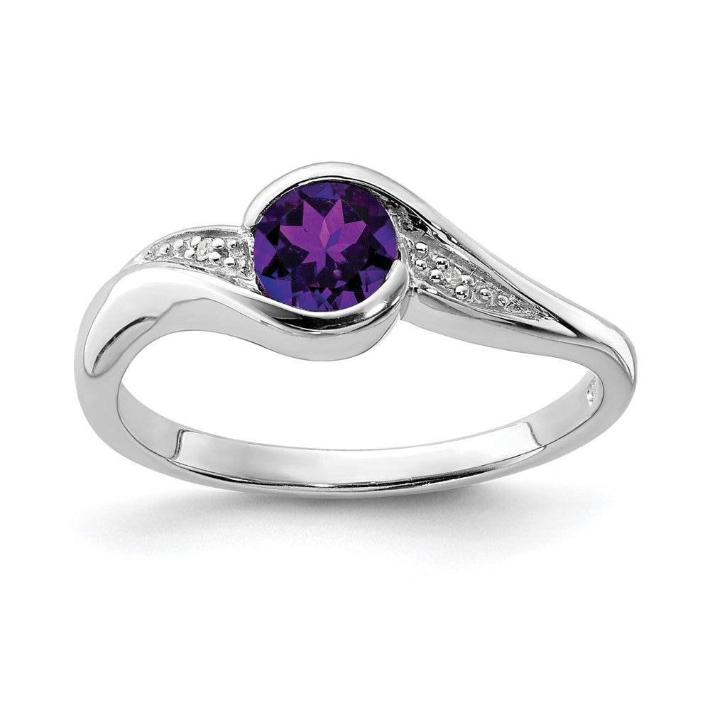 Sterling Silver Rhodium Plated Diamond and Amethyst Round Ring - 7