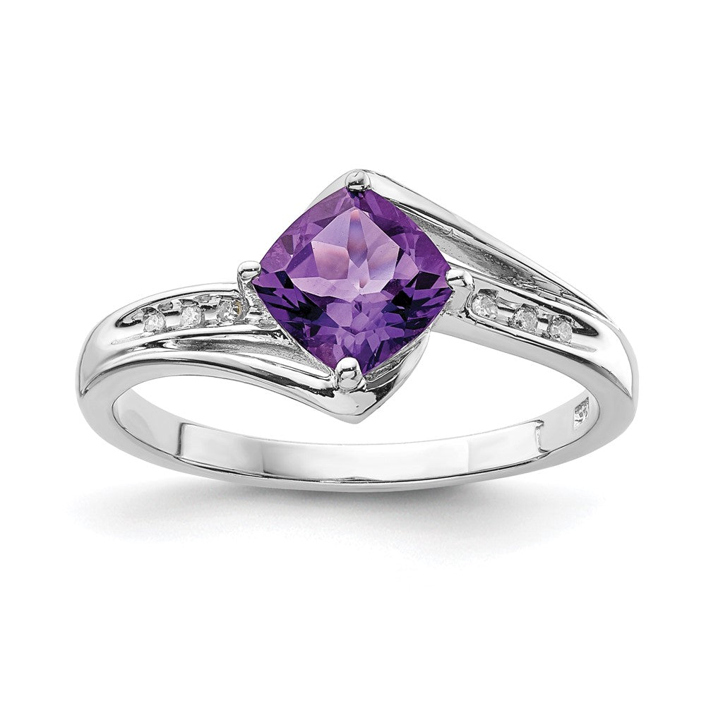Sterling Silver Rhodium Plated Diamond and Amethyst Square Ring - 4