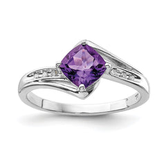 Sterling Silver Rhodium Plated Diamond and Amethyst Square Ring - 5