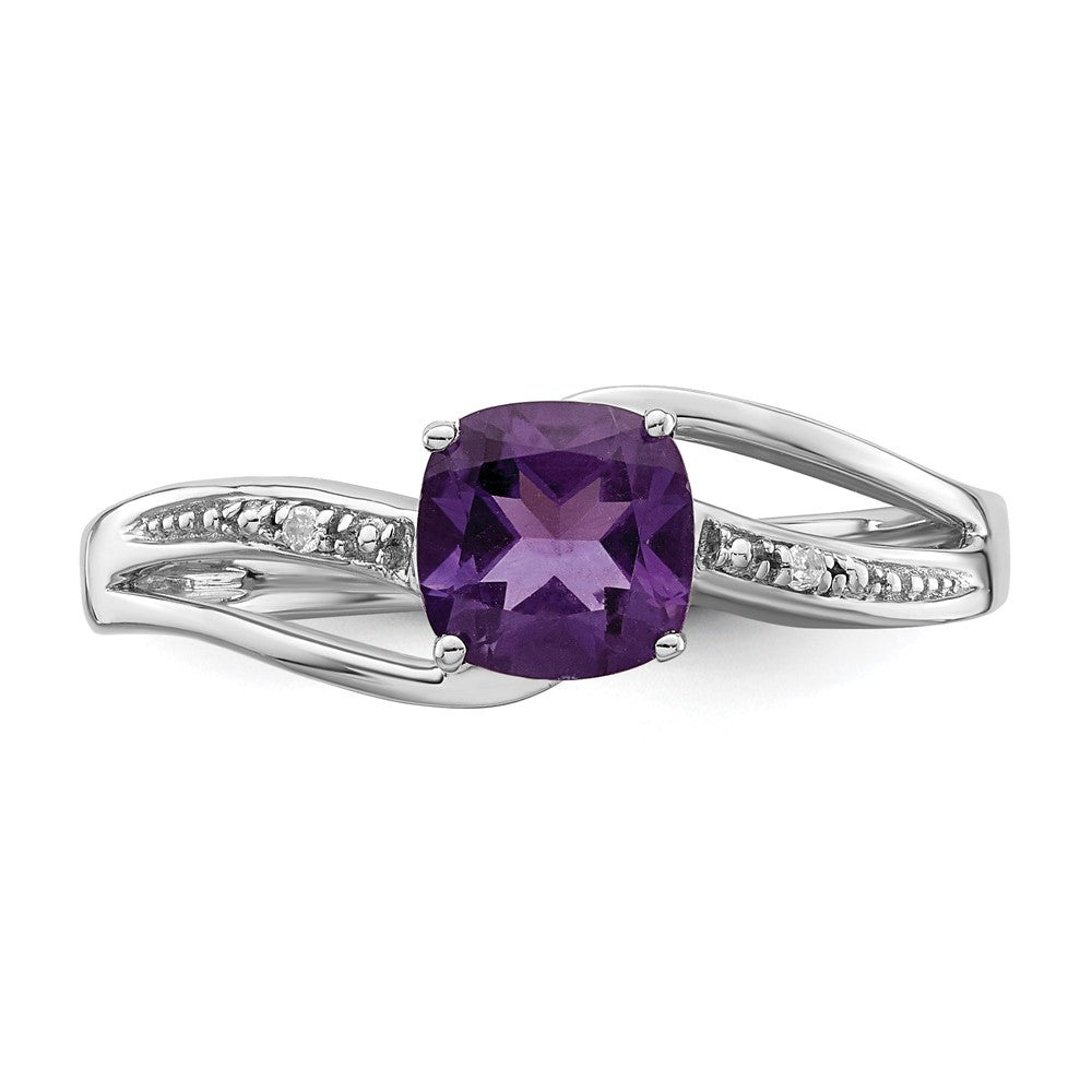 Sterling Silver Rhodium Plated Diamond and Amethyst Square Ring - 8