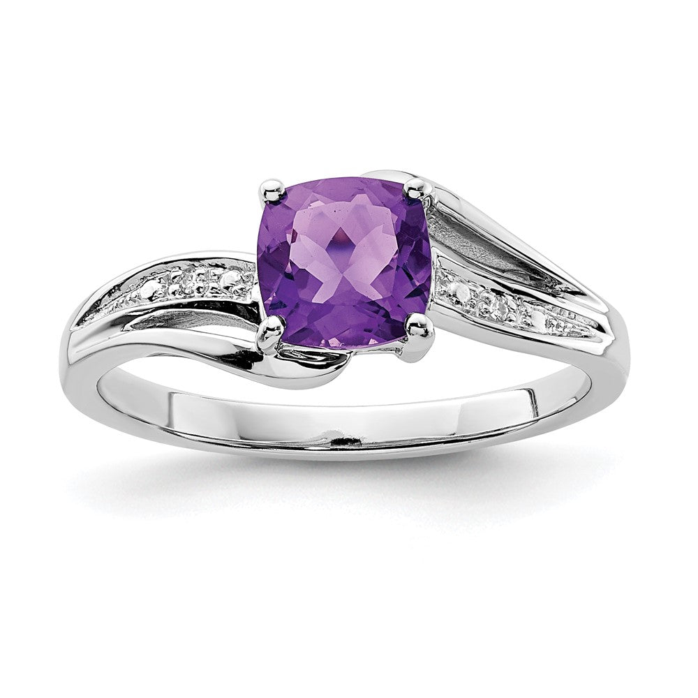 Sterling Silver Rhodium Plated Diamond and Amethyst Square Ring - 7
