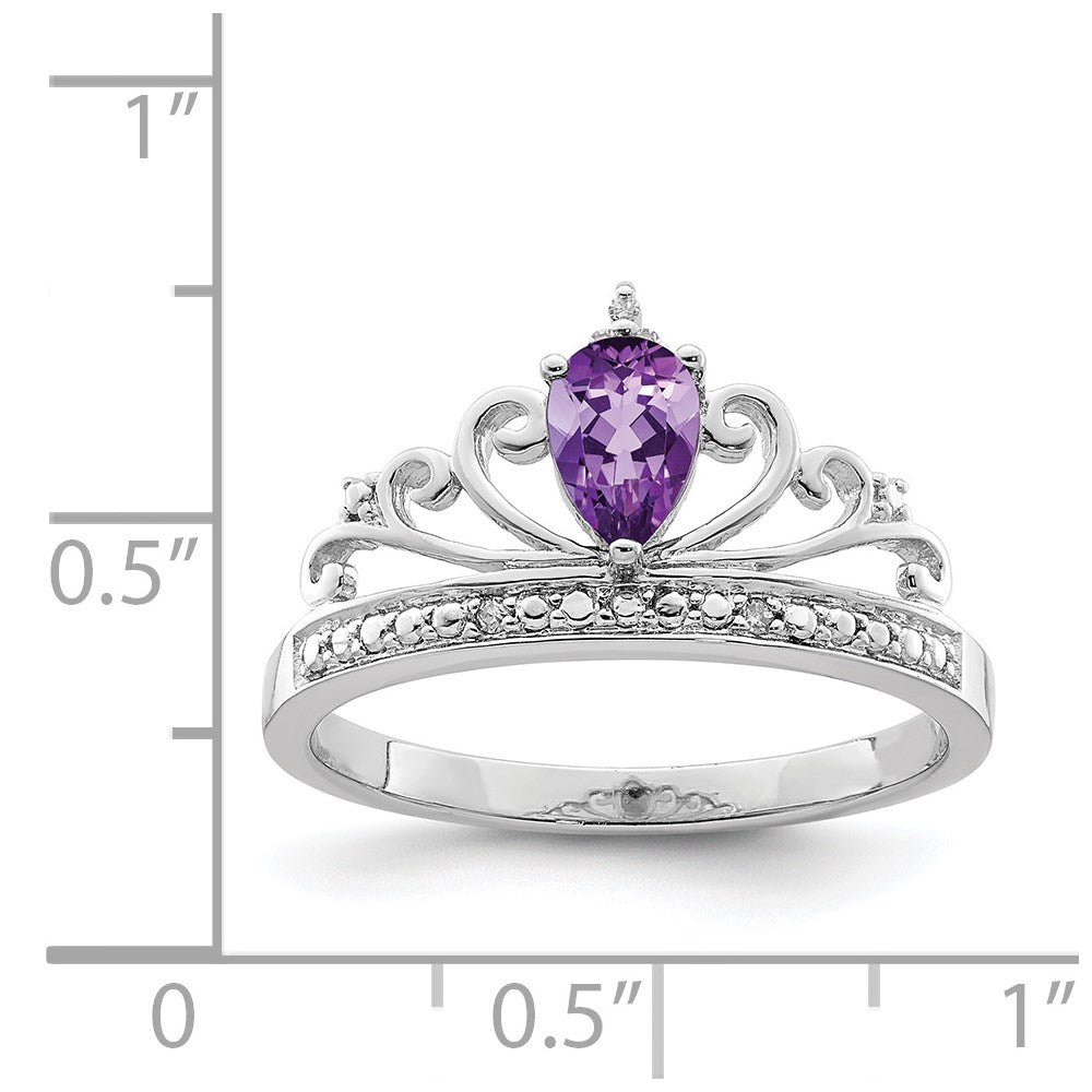 Sterling Silver Rhodium Plated Diamond & Amethyst Teardrop Ring - 6