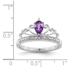 Sterling Silver Rhodium Plated Diamond & Amethyst Teardrop Ring - 6