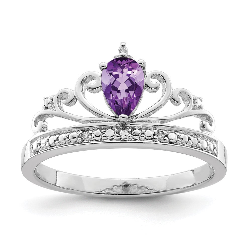 Sterling Silver Rhodium Plated Diamond & Amethyst Teardrop Ring - 5