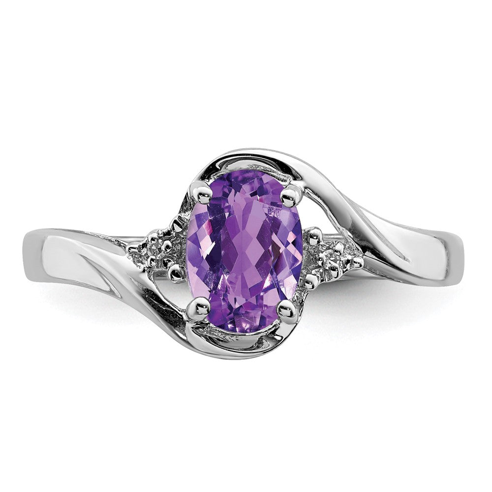 Sterling Silver Rhodium Plated Diamond and Amethyst Oval Ring - 12