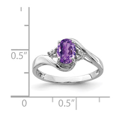 Sterling Silver Rhodium Plated Diamond and Amethyst Oval Ring - 7