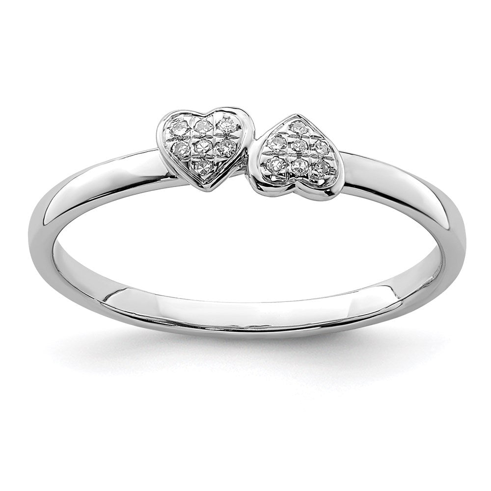 Sterling Silver Rhodium Plated Diamond Double Heart Stackable Ring - 2