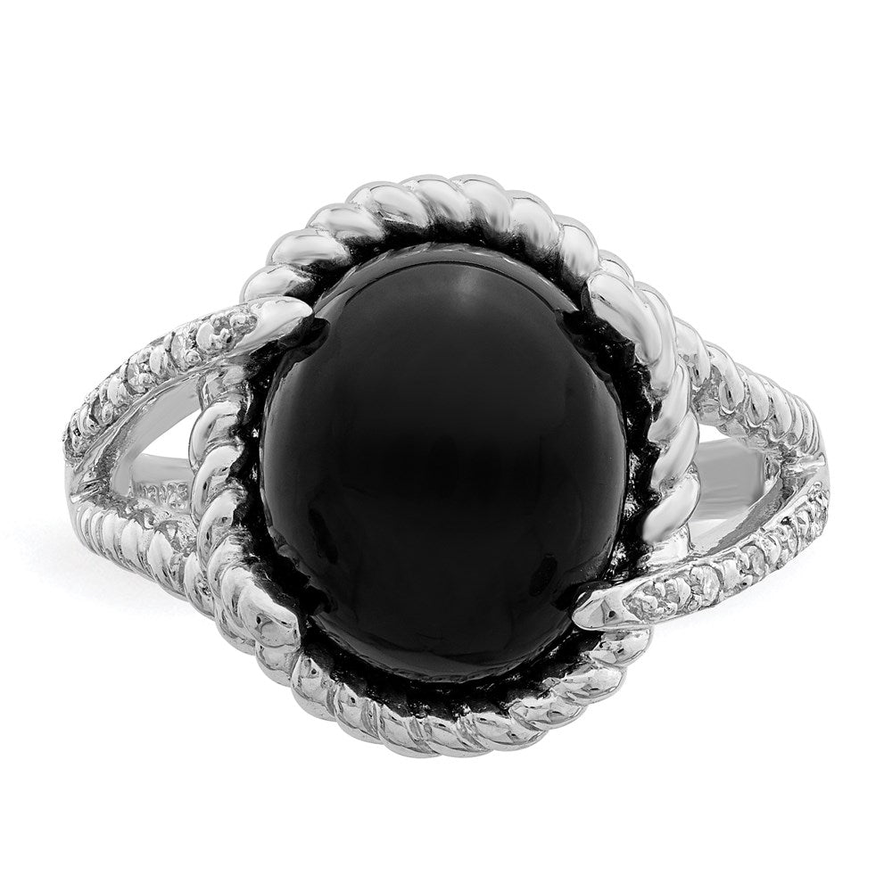 Sterling Silver Rhodium-plated Onyx and Diamond Ring - 8