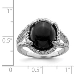 Sterling Silver Rhodium-plated Onyx and Diamond Ring - 8