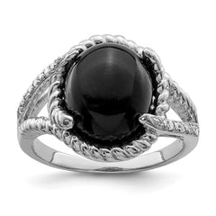 Sterling Silver Rhodium-plated Onyx and Diamond Ring - 8