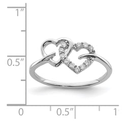 Sterling Silver Rhodium Plated Diamond Double Heart Ring - 5