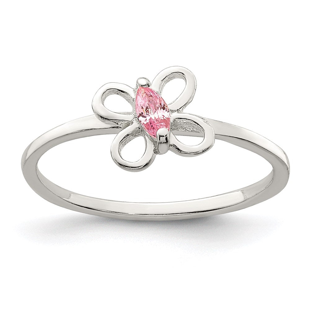 Sterling Silver Polished Pink CZ Butterfly Children's Ring - 2