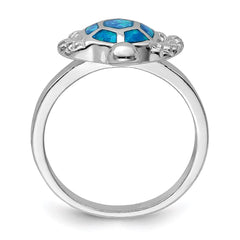Sterling Silver Rhodium-plated Created Blue Opal Turtle Ring - 2
