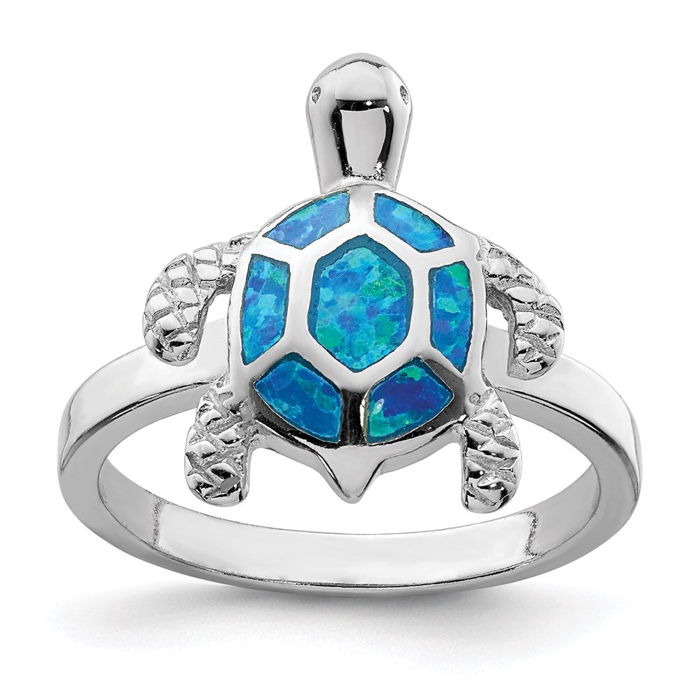 Sterling Silver Rhodium-plated Created Blue Opal Turtle Ring - 3