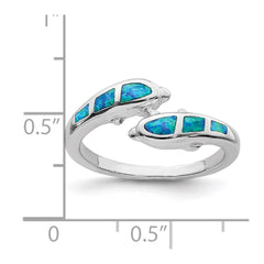 Sterling Silver Rhodium-plated Created Blue Opal Dolphins Ring - 2