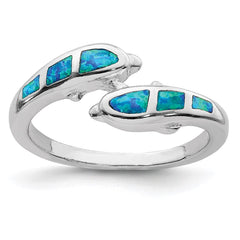 Sterling Silver Rhodium-plated Created Blue Opal Dolphins Ring - 2