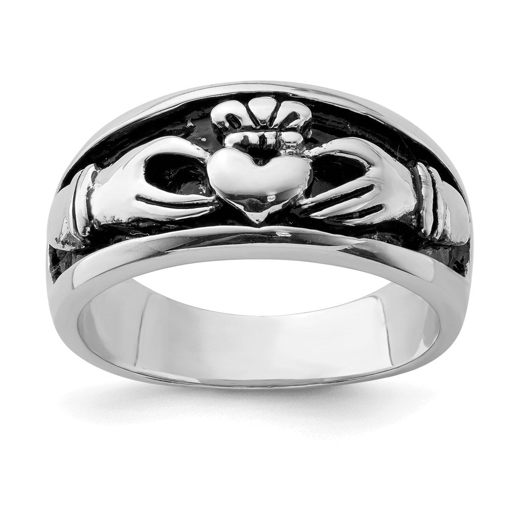 Sterling Silver Rhodium-plated Antiqued Claddagh Ring - 3