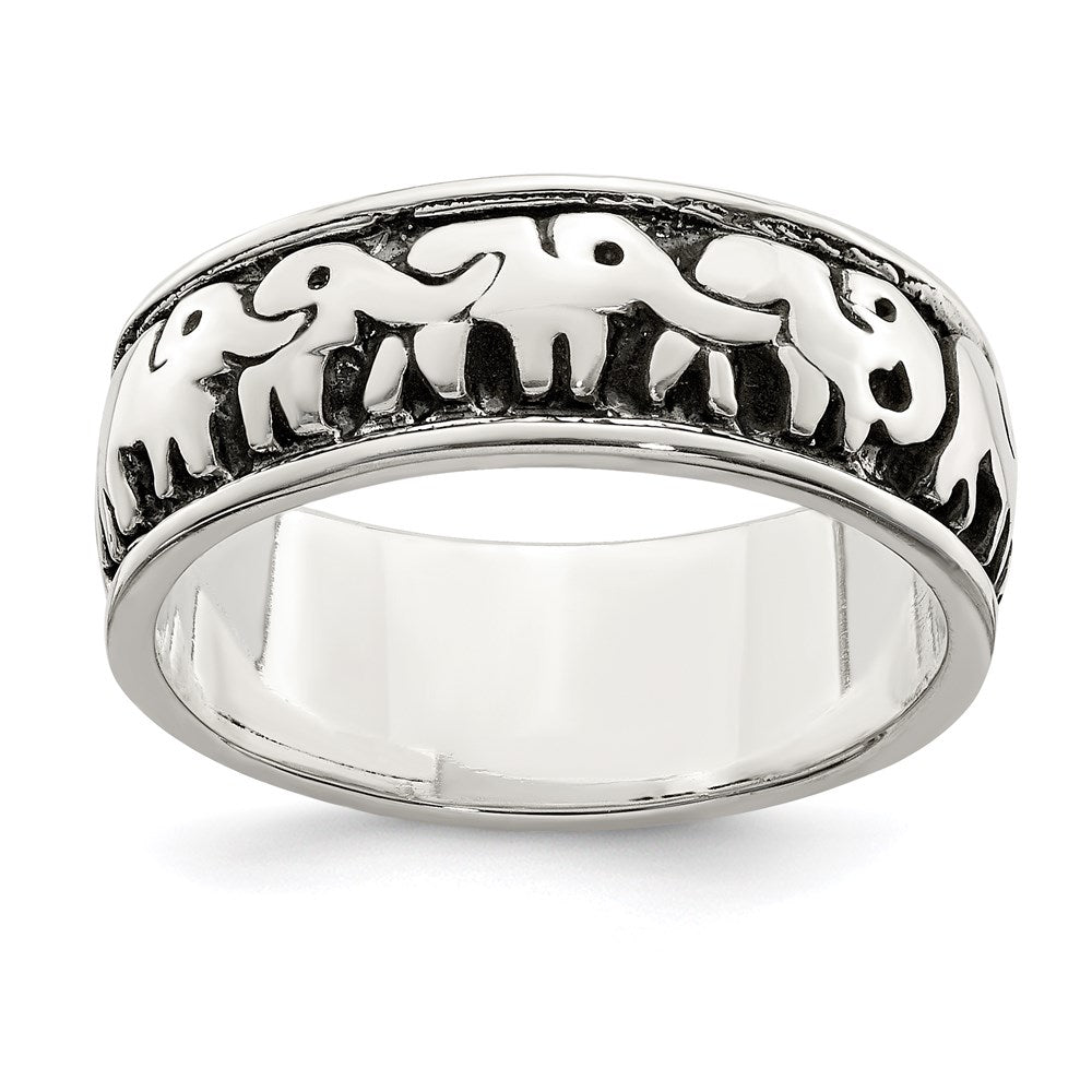 Sterling Silver Polished and Antiqued Elephants Ring - 2