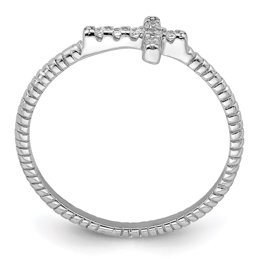 Sterling Silver Rhodium-plated Polished & Textured CZ Cross Ring - 4