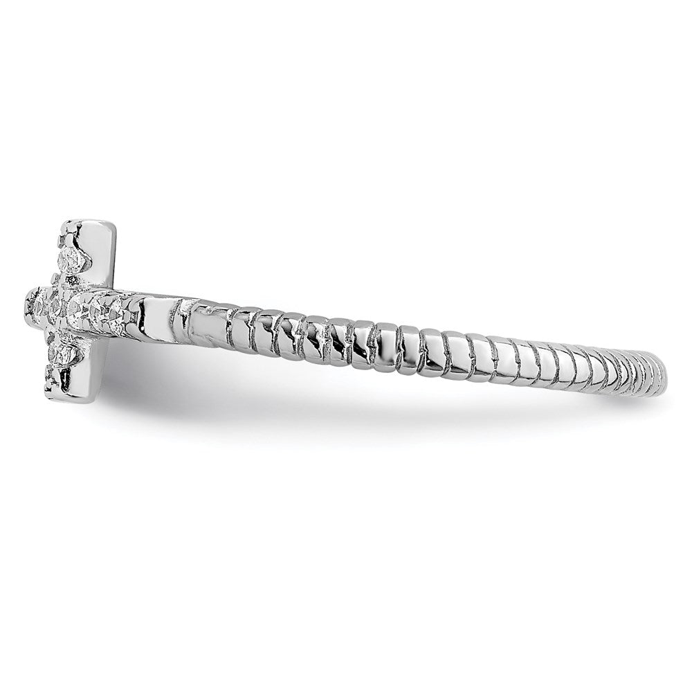 Sterling Silver Rhodium-plated Polished & Textured CZ Cross Ring - 4