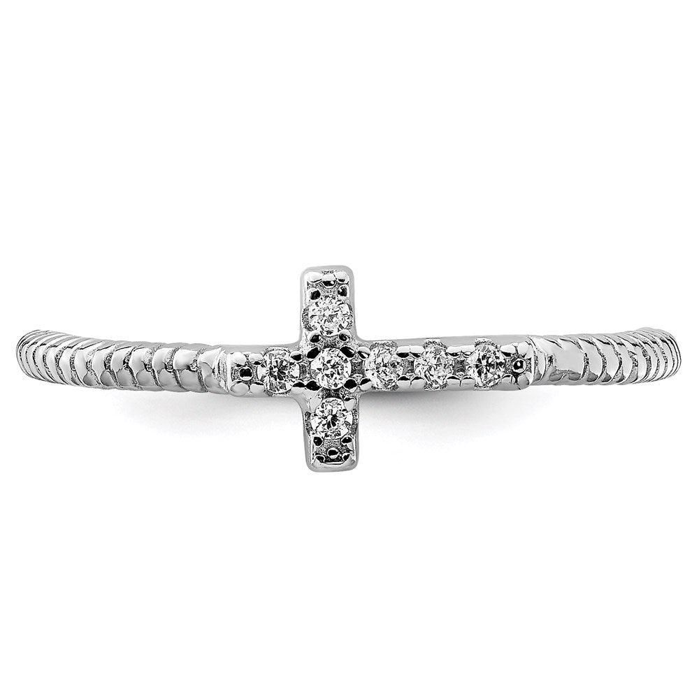 Sterling Silver Rhodium-plated Polished & Textured CZ Cross Ring - 5