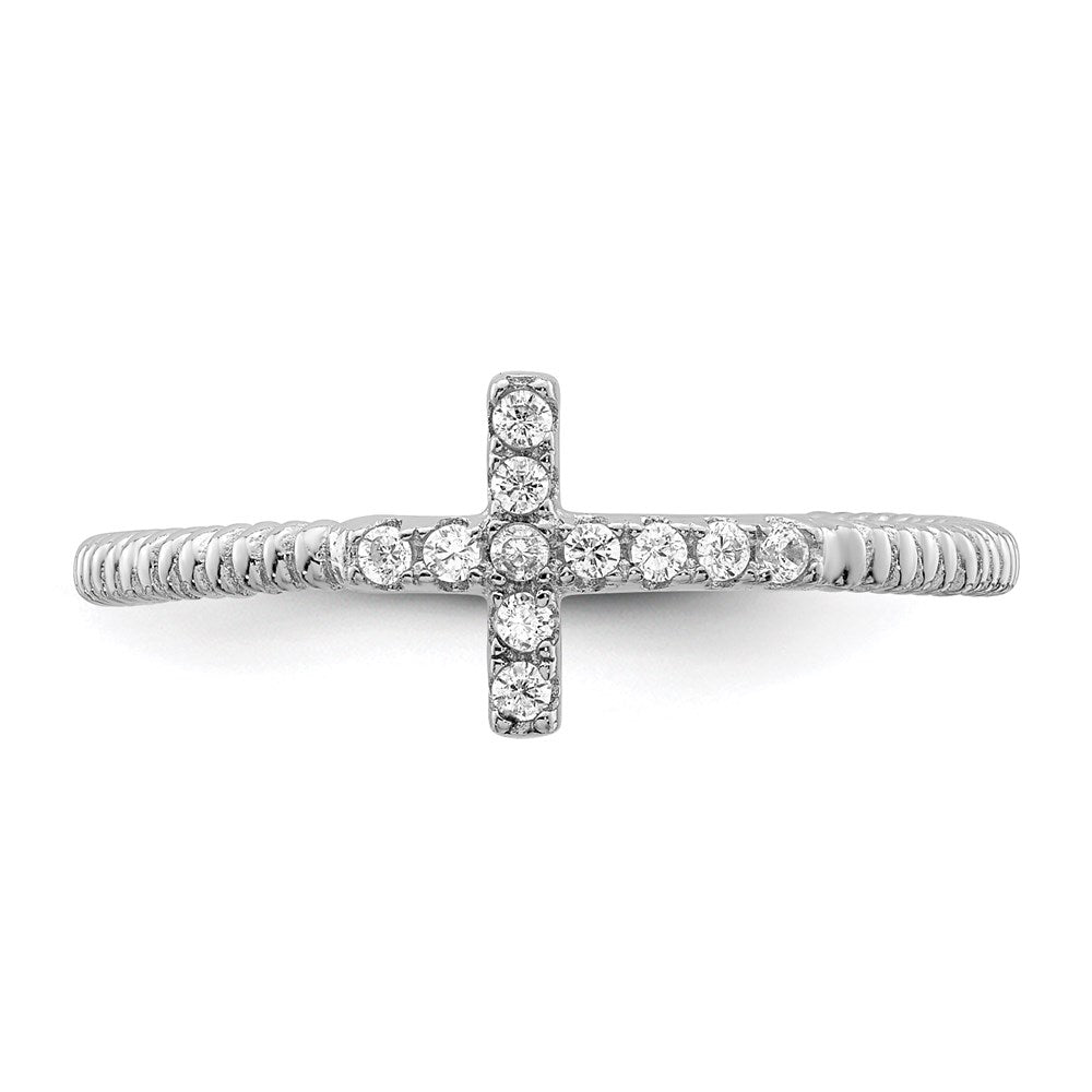 Sterling Silver Rhodium-plated Polished & Textured CZ Cross Ring - 6