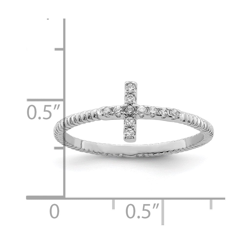Sterling Silver Rhodium-plated Polished & Textured CZ Cross Ring - 6